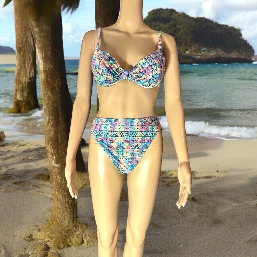 VTG 80s Sessa Womens Push Up Bikini Top High Cut Bottom Set 2 Pc Size 10